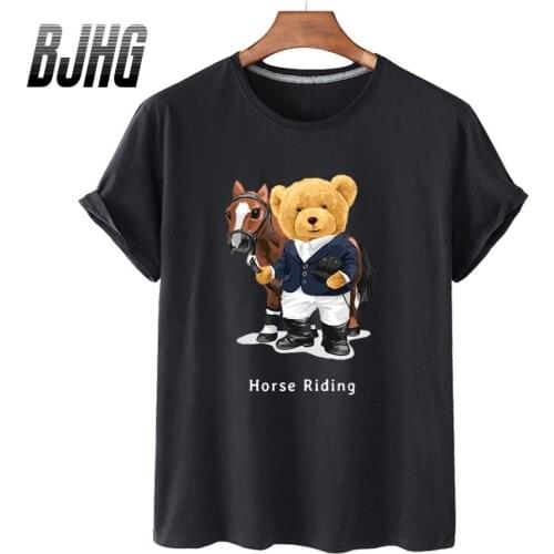 100% Cotton Riding Gentleman Bear Print Short-sleeved T-shirt Female Half-sleeved Summer Casual Oversized T-shirt Male Shirt 4XL