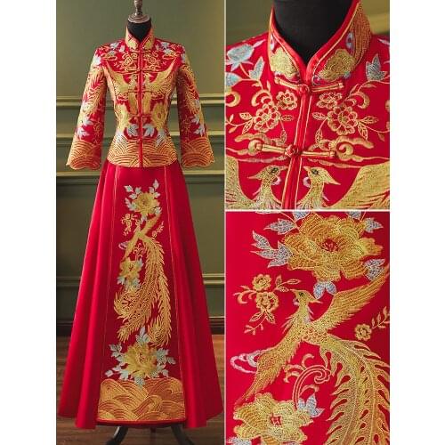FZSLCYIYI Ancient Women Wedding Dress Gold Line Embroidery Phoenix Floral Chinese Bride Marriage Cheongsam Suit Classic Qipao