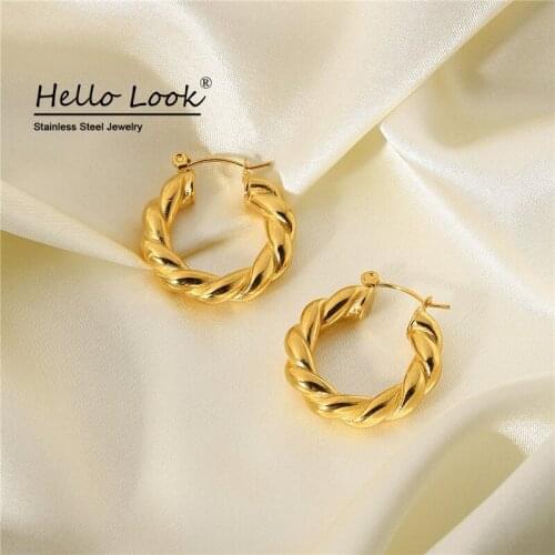 HelloLook Helical Hoop Earrings for Women 18K Gold Plated Stainless Steel Hypoallergenic Earrings Twisted Hoop Earrings Jewelry