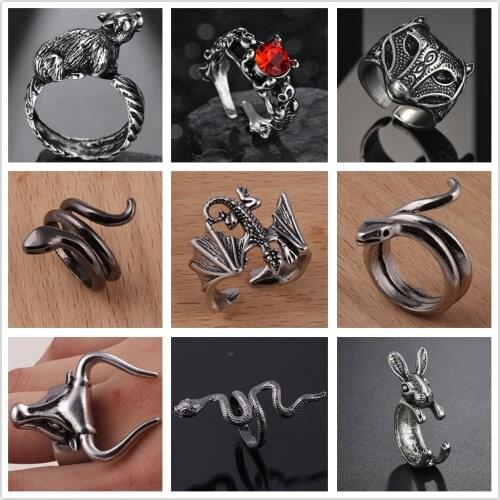 New Punk Vintage Snake Free Ring For Women Men Gothic Rock Hip Hop Black Metal Color Animals Dragon Bull Open Finger Ring Jewelr
