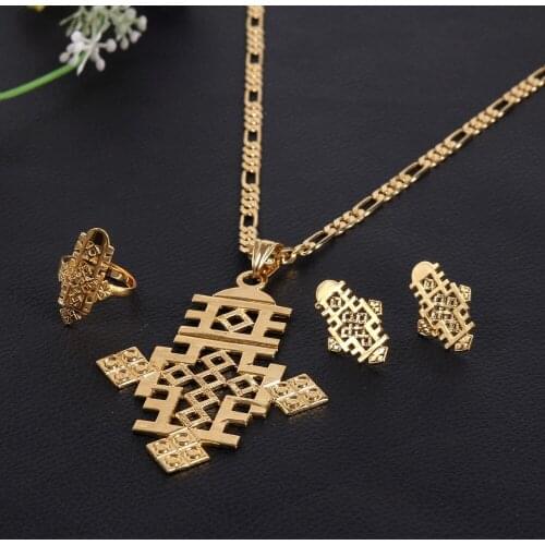 BangruiEthiopian 8.7CM*5.7CM Cross Jewelry sets Pendant Chain/Earrings/Ring Ethiopia Gold Africa Religions Eritrea Gold Crosses