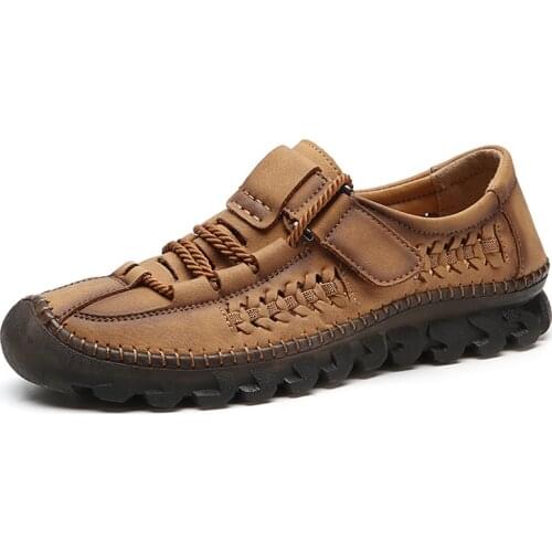 Fashion Men Shoes Original 2021 Brand Summer Handmade High Quality Mens Leather Casual Shoes Velcro Non-slip Rubber Large Size