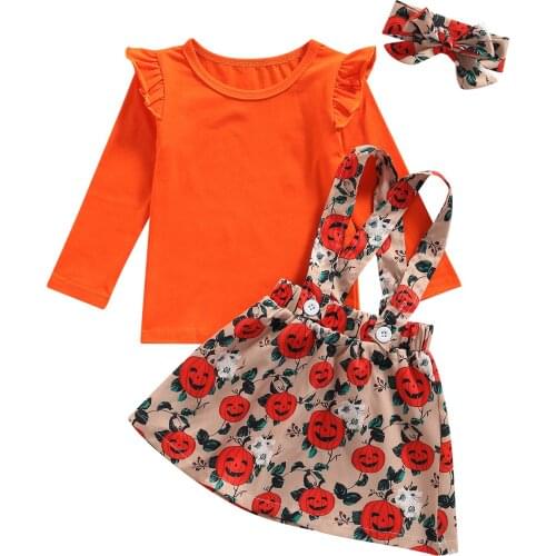 My First Halloween Clothes Girls Skirt 3PC Suit Casual Long Sleeve T-shirt and Pumpkin Print Suspender Skirt with Headband