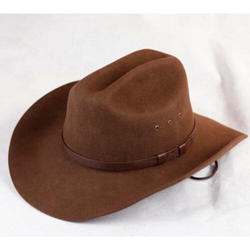 Mens Wool Felt Western Outback Cowboy Hat, Fedora Outdoor Wide Brim Hat with Strap, Black / Brown Color