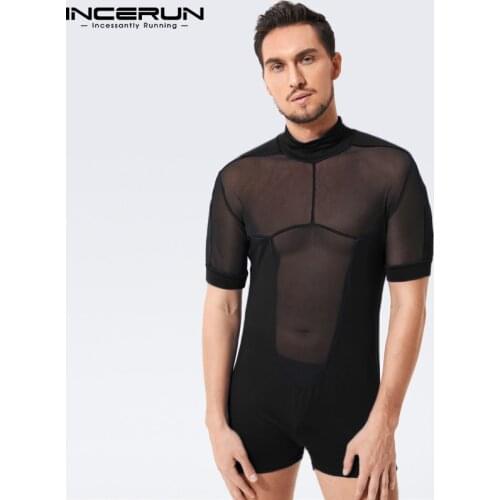 2021 Men Rompers Mesh Patchwork Pajamas Homewear Turtleneck See Through Playsuits Short Sleeve Cozy Sexy Men Jumpsuits INCERUN 7