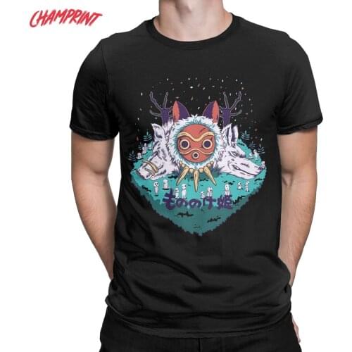 Mens Princess Mononoke Hime T Shirt Studio Ghibli Anime Pure Cotton Tops Funny Short Sleeve Round Neck Tees Big Size T-Shirt