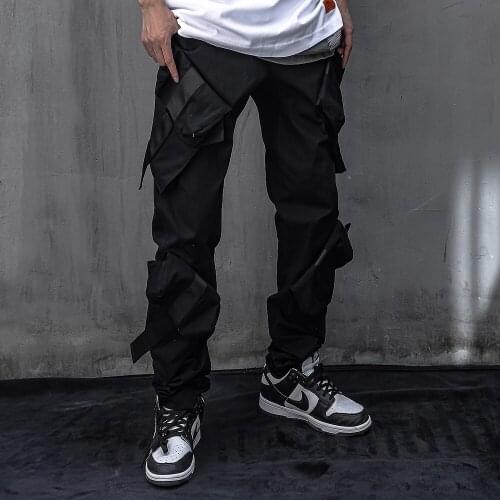 2021 New Black Cargo Streetwear Fashion Multi-Pockets Straight Pants Men