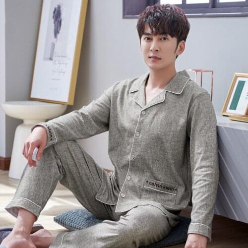 Male Spring Autumn Long Sleeves Oversize 100% Cotton Leisure Comfort Home Life Pajamas Suits 2PCs Precious And Cosy Hometime