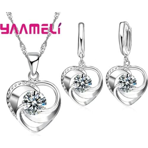 925 Sterling Silver Necklace Earrings Set Long Chain Sweet Romantic Style Love Heart Shape For Women Lady Wife