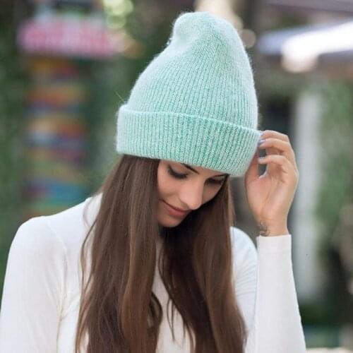 New simple Rabbit fur Beanie Hat for Women Winter Skullies Warm wool Cap Gorros Female Cap