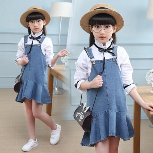 2020 New Girl Kids Spring Autumn Clothing Set White Lace Shirts Blouse+denim Bib Dress,children Casual Suits