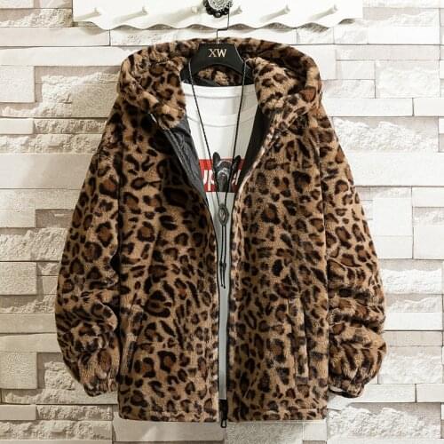 2022 Autumn and Winter Men Handsome Leopord Pattern Faux Mink Hair Jacket Teenager Lambs Wool Warm Hooded Jacket