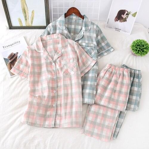 Spring/summer Couple Pajamas Set Pure Cotton Gauze Simple Plaid Short-sleeved Sleepwear Loose Thin Man/women Home Clothes