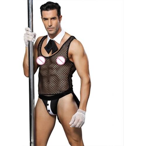 Sexy Perspective Mens Sex Underwear Mesh Night Club Bar Waiter Mens Sexy Uniform