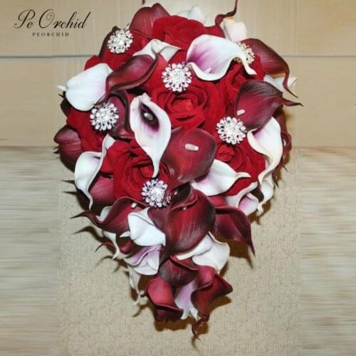 PEORCHID Cala Lily Wine Red Cascade Wedding Bouquet Crystal Waterfall Bridal flowers Artificial Burgundy Brooch Bride Bouquet