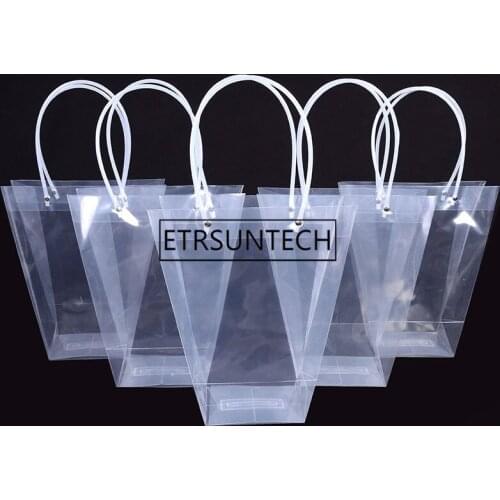 Tranparent Gift Boxes Packaging Handbags for Flowers Trapezoid Plastic Waterproof Clear Festival Gift Bag 100pcs