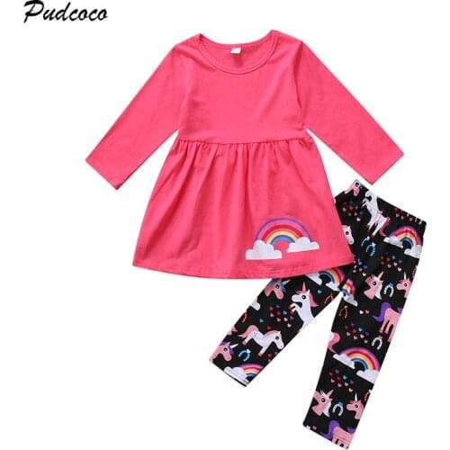Spring Autumn Children Girl Rainbow Clothes Set Long Sleeve Cotton Mini Dress Tops+Unicorn Pant Legging 2PCS Outfit Kid Clothing