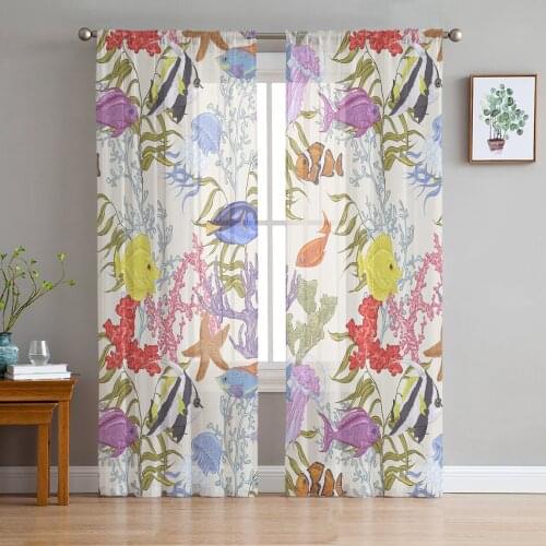 Starfish Fish Jellyfish Coral Underwater World Voile Tulle Sheer Curtains for Bedroom Living Room Kitchen Decor Window Curtain