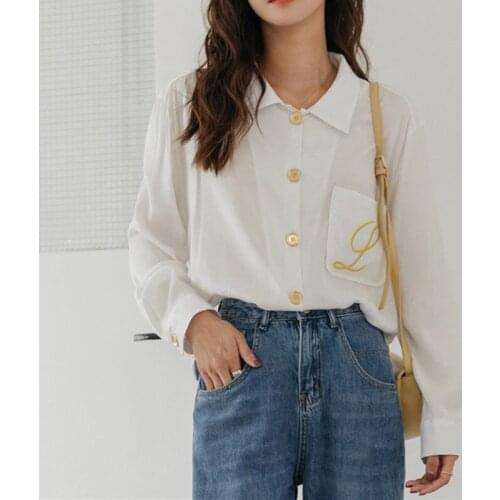 Vintage Single Breasted Shirts For Women Embroidery Pockets Turn-down Collar Loose Blouses Female Chiffon Long Sleeve Tops 9033