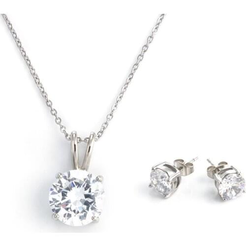 1.6mm Cable Chain CZ Stone Pendant Necklace & Stud For Women Rose Gold/Silver Color Stainless Steel