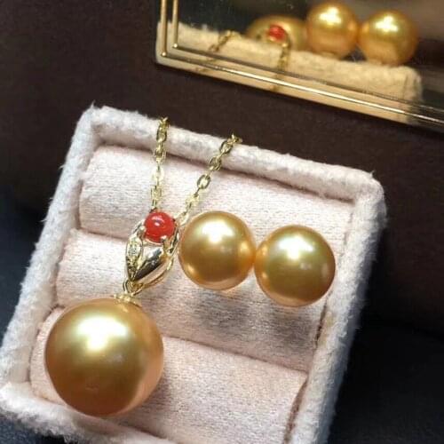 18k yellow gold diamond inlaid natural red coral pendant, pure natural seawater South Sea pearl pendant earrings set ps06