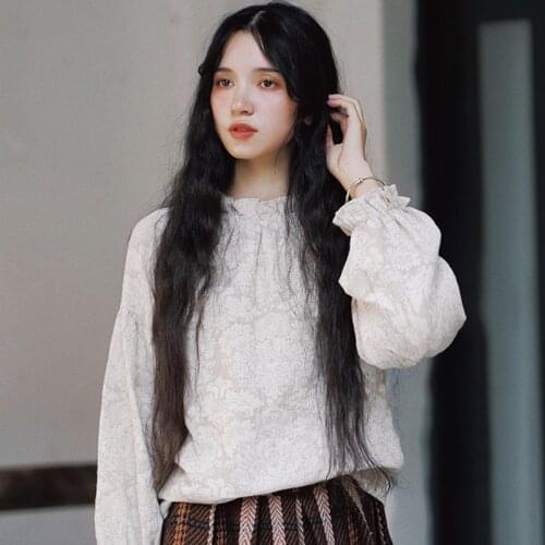 AIGYPTOS Literary retro pastoral forest jacquard cotton linen pullover shirt petal collar bottoming shirt chiffon shirt