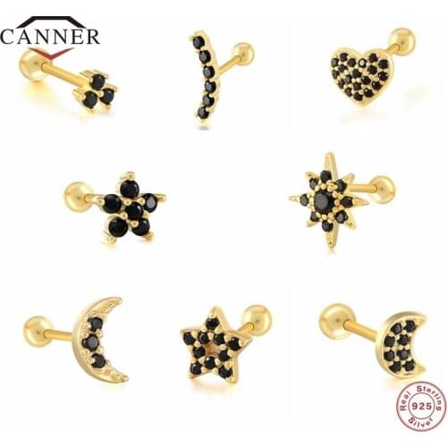 CANNER 2 Pieces 925 Sterling Silver Stud Earrings for Women White & Black CZ Zircon Piercing Earring Earings Jewelry Pendientes