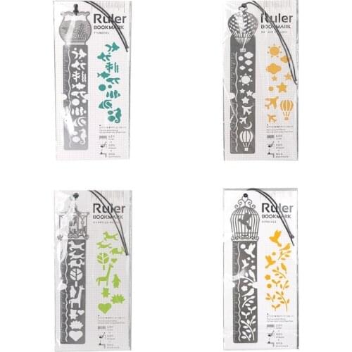 2-in-1 Hollow-out Metal Bookmark with Scale Ruler Feathers-shaped Bookmark Exquisite 4 Different Pattern Design for Gift