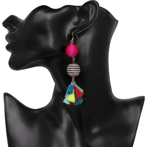 Bohemia Jewelry Accessories Ethnic Cotton Material Ball Shaped Earrings Long Tassel Hanging Earrings for Women