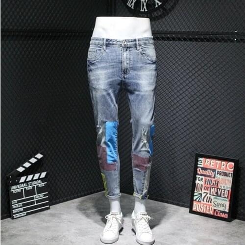 High Street Vintage Washed Patchwork Hole Ripped Jeans Mens Slim Fit Printed Harajuku Casual Denim Pants Summer Jean Trousers