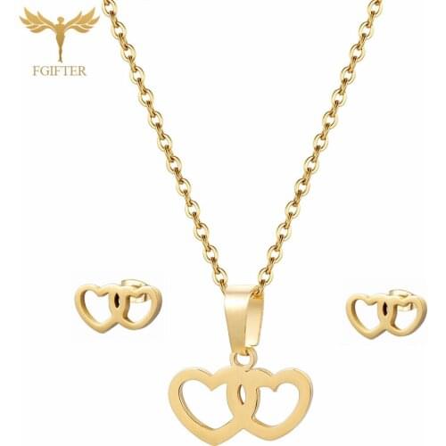 FGifter Cute Sisters Gift Double Hearts Earrings Necklace Jewelry Set for Women Lovers Mother Daughter Present