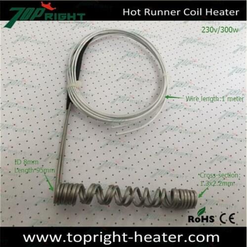 ID8mm electric hot runner coil heater, length 95mm, cross-section 1,3x2.2, wire length 1meter, 220v300w