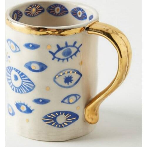 American Ceramic Coffee Mug Porcelain Teacup Set with Lid and Spoon Golden Handles Cup Office Female Hand Eye Pattern Decoration