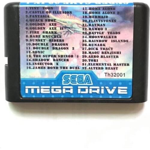 32 In 1 Game cartridge With Double Dragon 1 2 Toki Golden Axe 1 2 Shadow Dancer for 16 bit sega Megadrive Genesis Game Player