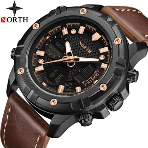 Top Brand NORTH New Mens Fashion Sport Watch Men Leather Waterproof Quartz Watches Male Date LED Analog Clock Relogio Masculino
