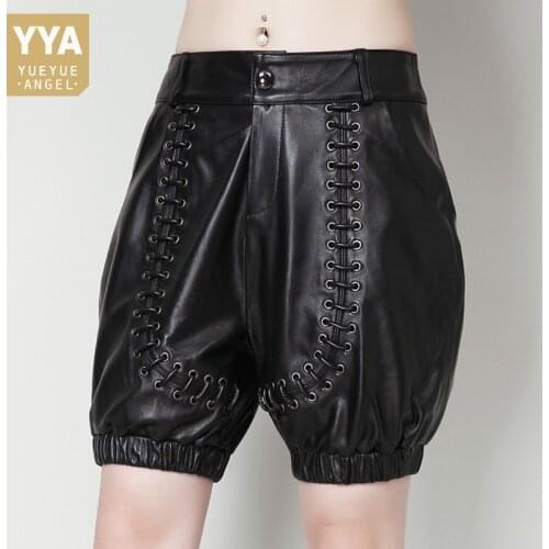 2021 Autumn Genuine Leather Harem Shorts Women Fashion Drop Crotch Lantern Shorts Punk Design Sheepskin Trousers Plus Size S-4XL