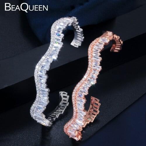 BeaQueen Newest Cubic Zirconia Open Cuff Bangle Statement Jewelry Adjustable Round Baguette Bangles Bracelets for Women B115