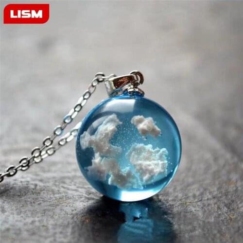 Chic Transparent Resin Round Ball Moon Pendant Necklace Women Blue Sky White Cloud Chain Necklace Ladies Girls Fashion Jewelry
