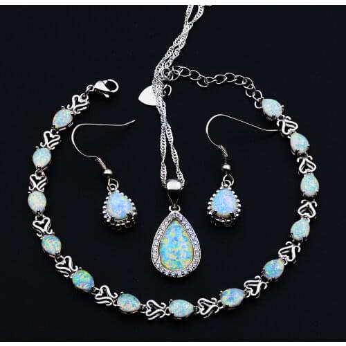 Drop Shape White Fire Opal Earring & Necklace & Bracelet Jewelry Set for Gift