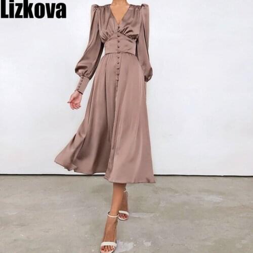 Lizkova 2021 Satin Dress Women Vintage Lantern Sleeve Tunic Party Dress Elegant V-Neck Long Sleeve Pink Dress