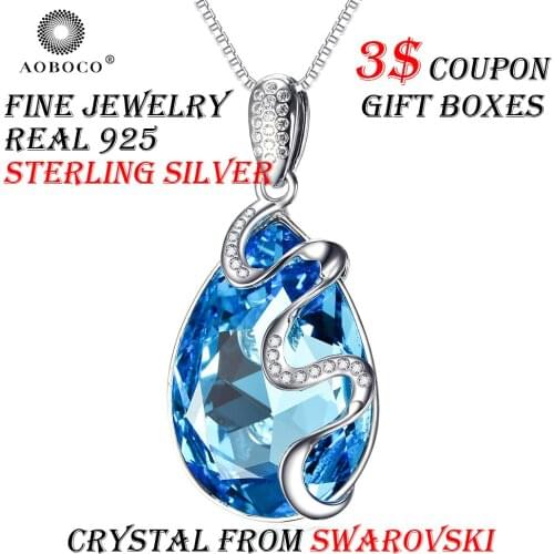 Ribbon Blue Water Drop Crystal From Swarovski Pendant Necklace Gift For Women Girl AOBOCO Brand 925 Sterling Silver