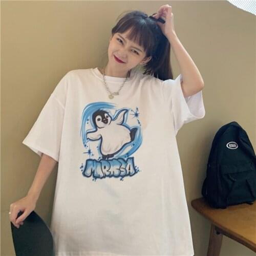 Casual Loose Penguin Ins Letter T-shirt Womens T-shirts Tops Japanese Kawaii Ulzzang Female Korean Harajuku Clothes For Women
