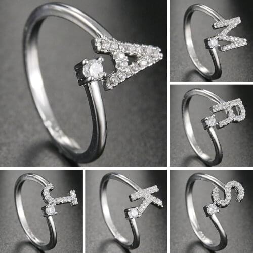 Alphabet Letters Silvery Crystal Adjustable Opening Ring for Women Female Creative Romantic Rings Trendy Party Jewelry Wholesale