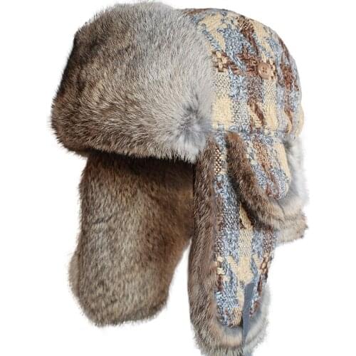 Rabbit Fur Russian Bomber Hat Women WinterTrapper Snow Cap Earflap Ushanka