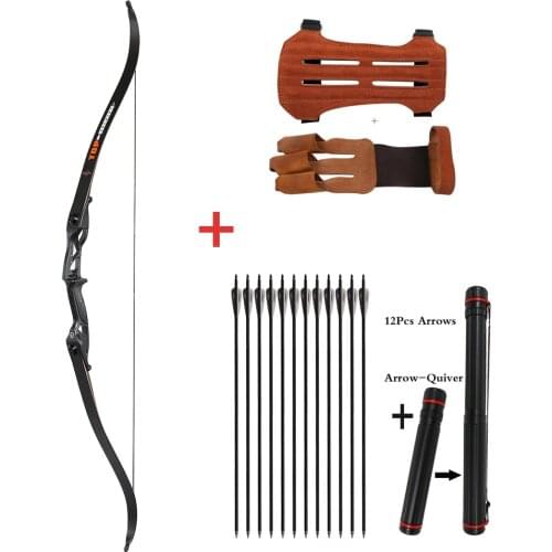 Archery 56" Takedown Hunting Recurve Bow Metal Riser Right Hand Black Longbow with carbon arrow and arrow quiver finger/armguard
