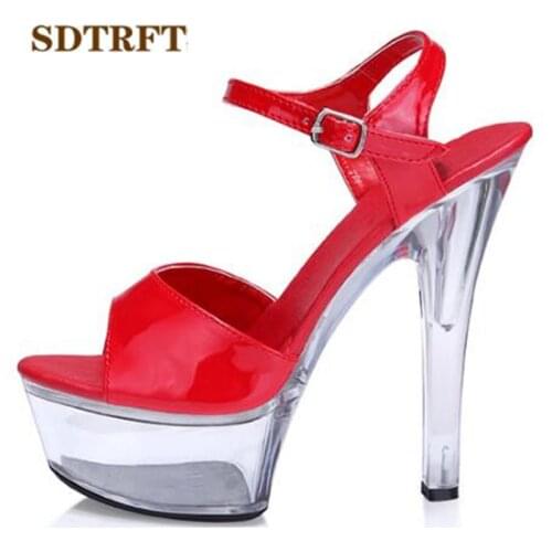 SDTRFT Crossdress zapatos Plus:34-44 Ankle Strap pumps womens shoes 15cm thin high-heeled transparent crystal platform sandals