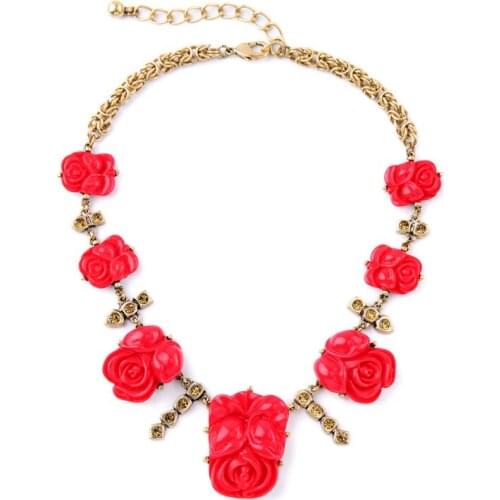 High Quality Boutique Red Flower Necklace For Women Statement Temperament Vintage Collar Necklaces Gold Color Masquerade