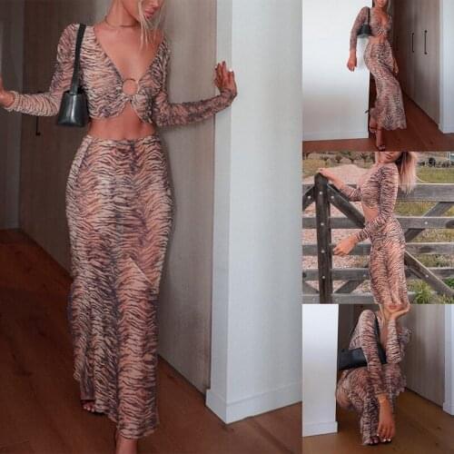 Hot Kf-Long Sleeve V-Neck Hollow Out Tiger Print T Shirt Skirt 2 Piece Matching Sets Spring Women Sexy