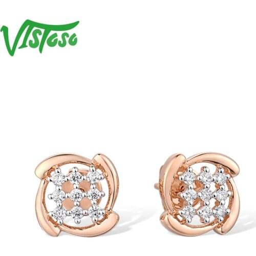 VISTOSO Gold Earrings For Women 14K 585 Rose Gold Sparkling Diamond Cute Dainty Stud Earrings Anniversary Fashion Fine Jewelry