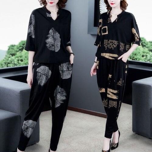 Vintage Printing tee Harem Pants Suit Women Fashion Casual big Size Loose Two Piece sets 2021 Summer Half Sleeve tops Black set